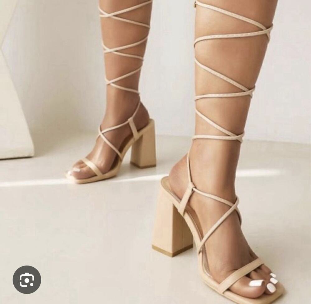Nude Beige Lace Up Strappy Block Heel Sandals Square Toe Wrap Around Ankle